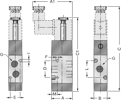 Размеры распределительного клапана с электрическим управлением и пневмопружинным возвратом JT32W1S61x 