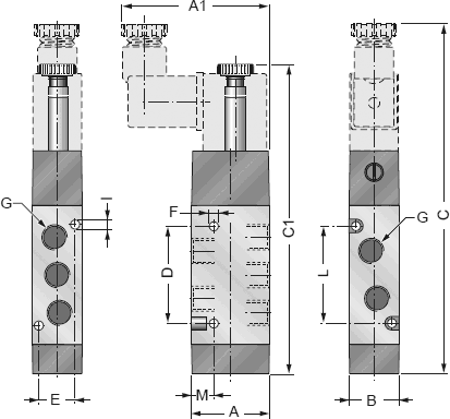 Размеры распределительного клапана с С электрическим управлением и пневмопружинным возвратом JT52W101x